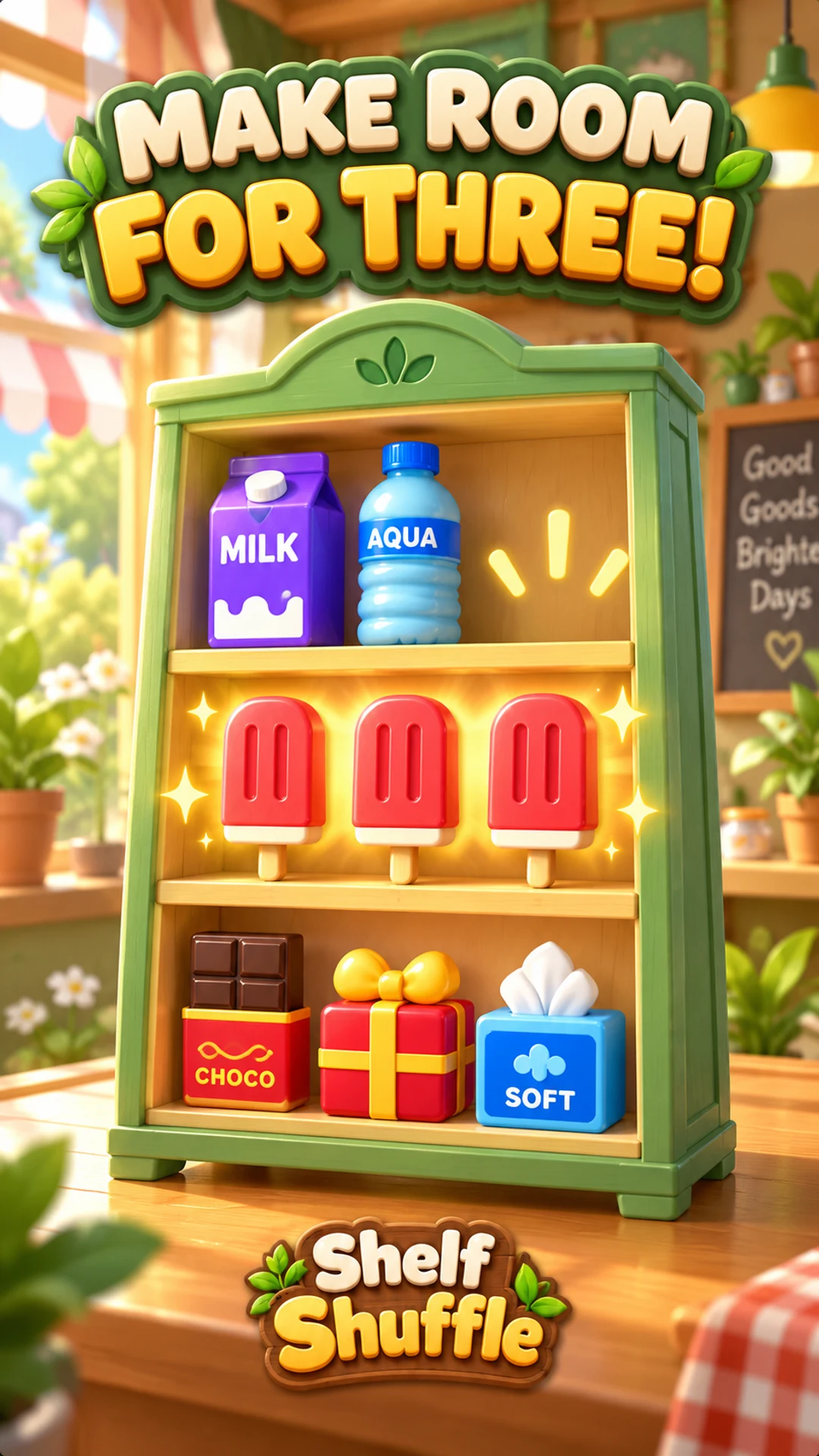 Make room for three: three red popsicles match on a shelf
